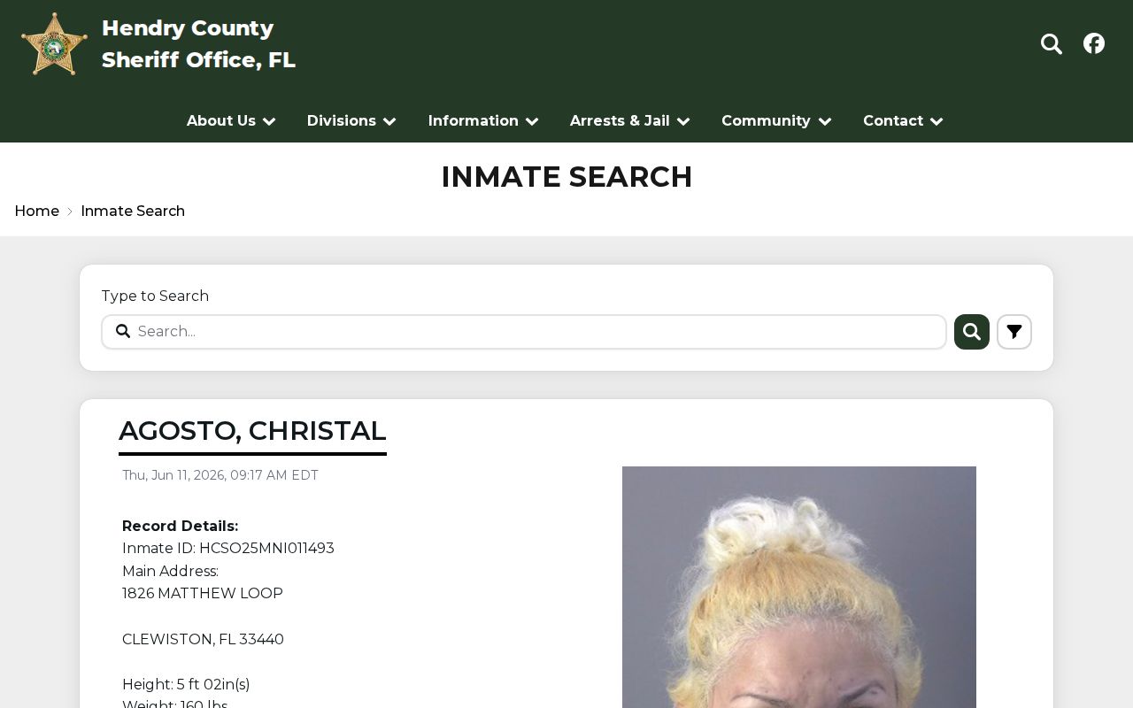 Hendry County official jail roster and busted mugshot search interface